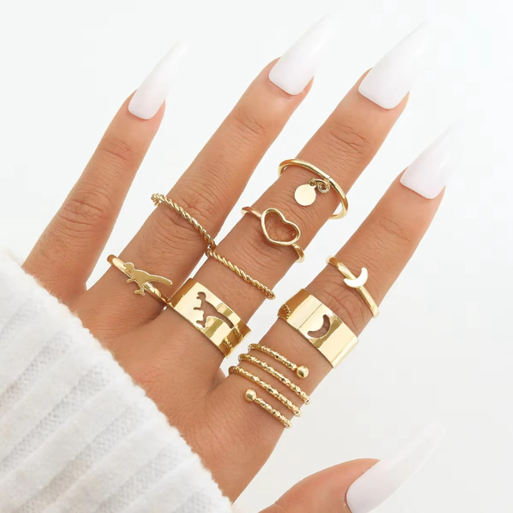 9PCS Gold Chic Ring Set Heart Dinosaur Moon Stacking Ring Set Women's NWT